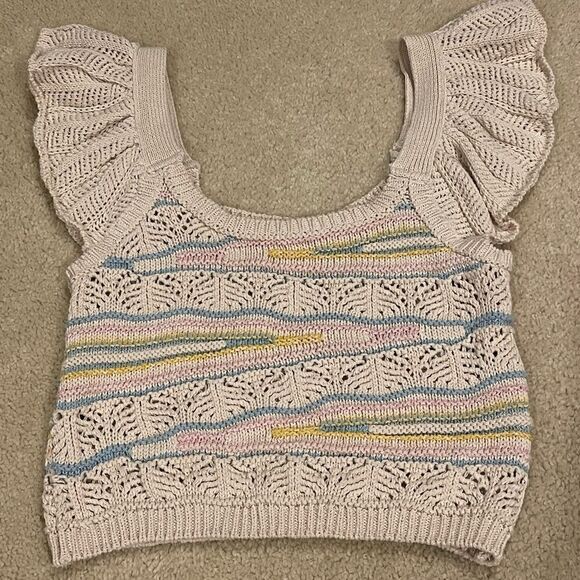NWOT Zara Multi Color Pointelle Knit Ruffle Sleeve Cream and Pastel Crop Top - Picture 2 of 5